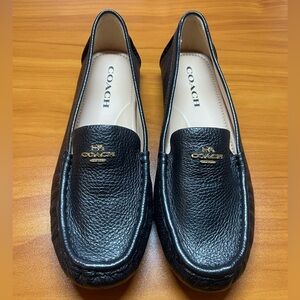 COACH Black Pebbled Leather Slip-On Loafers with Gold Logo - NEW